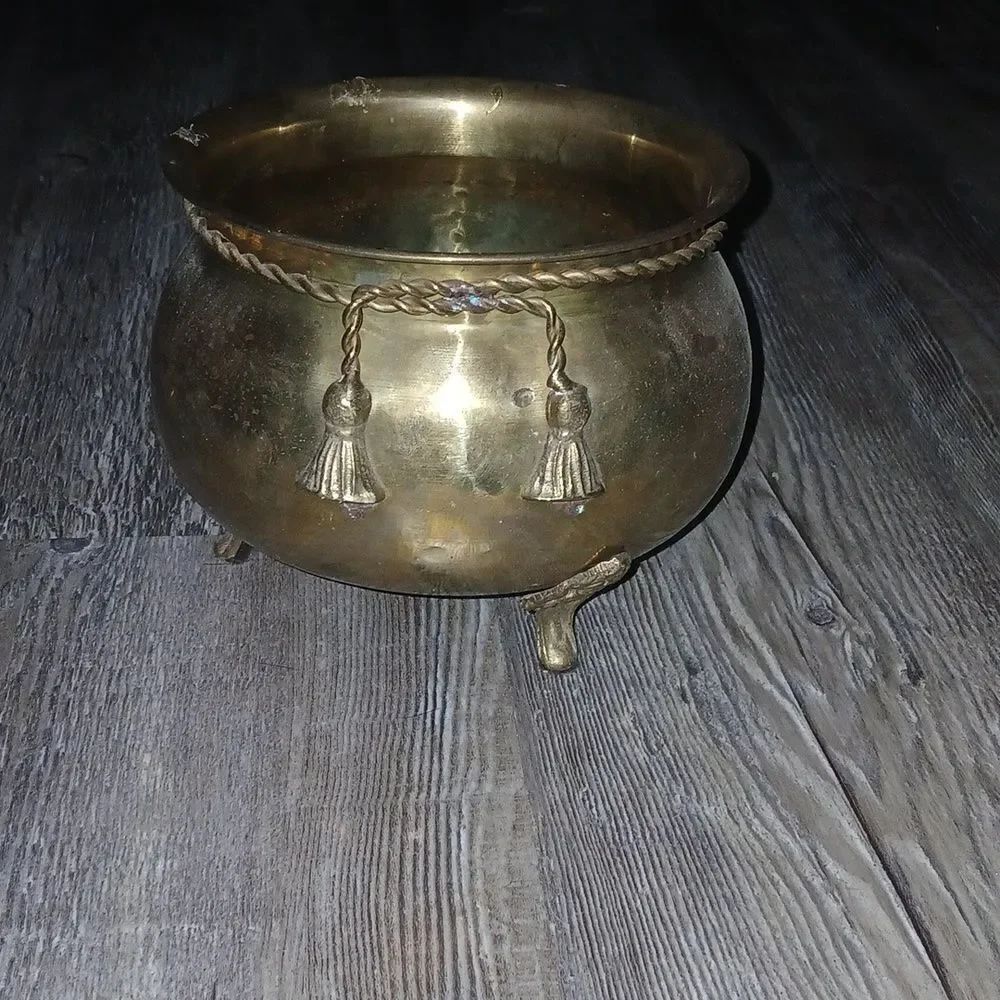 Hosley Vintage Solid Brass Pot Vase Hammered with Rope Detail, Boho, Planter